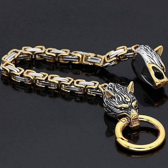 New! MEN'S Siver & Gold Byzantine Chain with Double Wolf Head Bracelet. 8" - Picture 5 of 9